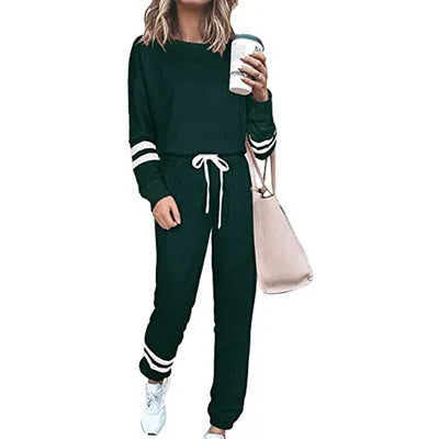 Women's plus size casual suit with long sleeve top and trousers in cotton blend fabric