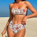 Women's printed bandeau swimsuit top with matching shorts laid flat