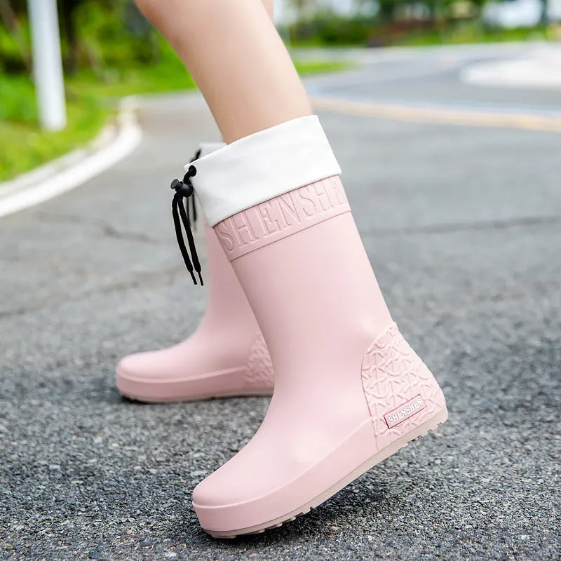 Women's solid colour PVC rain boots with non-slip soles in apricot waterproof mouth colour