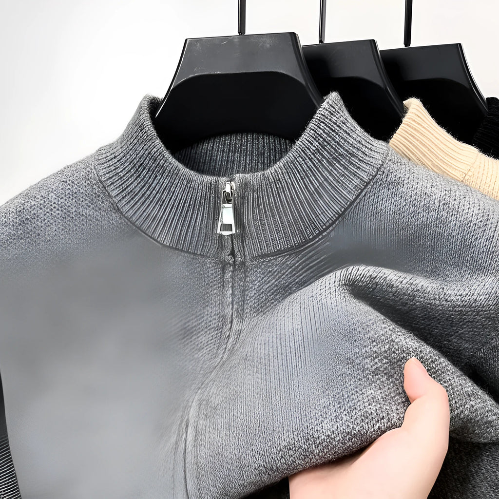 Men's high-stand collar knitted cardigan with zipper front in loose fit design