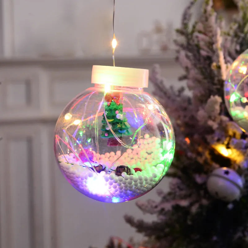 Christmas curtain light string with ten LED wishing ball lamps showing snowman, Christmas tree and elder designs