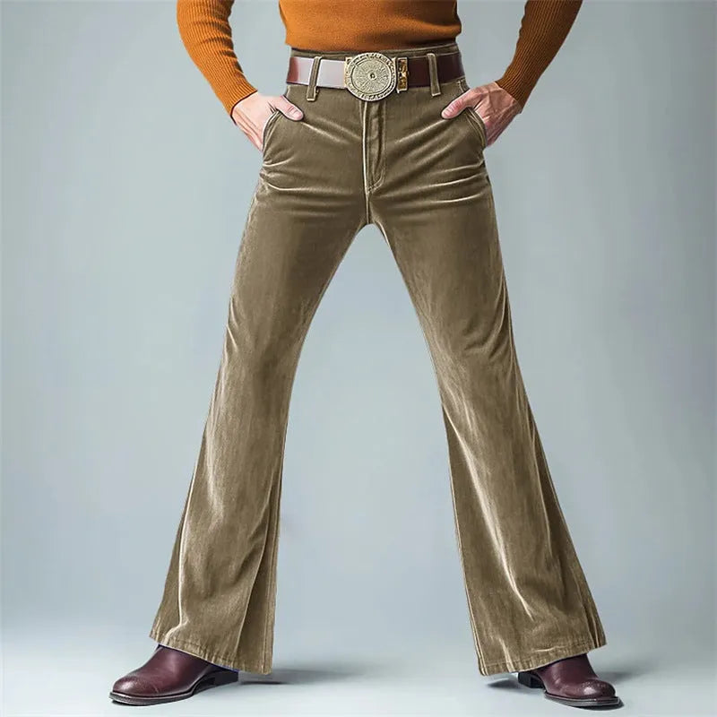 Men's gold velvet slim flared trousers in multiple colours for formal casual wear