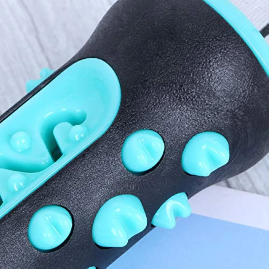 Natural rubber dog dental chew toy with textured cleaning surfaces, 15cm long, in blue colour