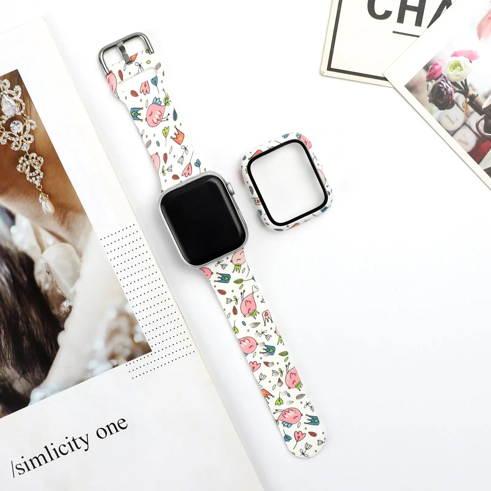 Colourful printed silicone watch strap for Apple Watch showing multiple style options