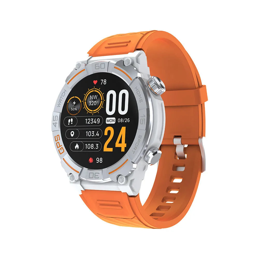 MG02 smart watch in black, khaki, or silver orange colours showing TFT touch screen and strap.
