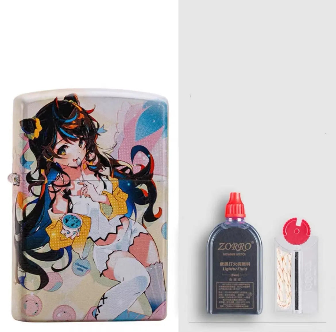 Windproof kerosene lighter with decorative copper case showing artistic design