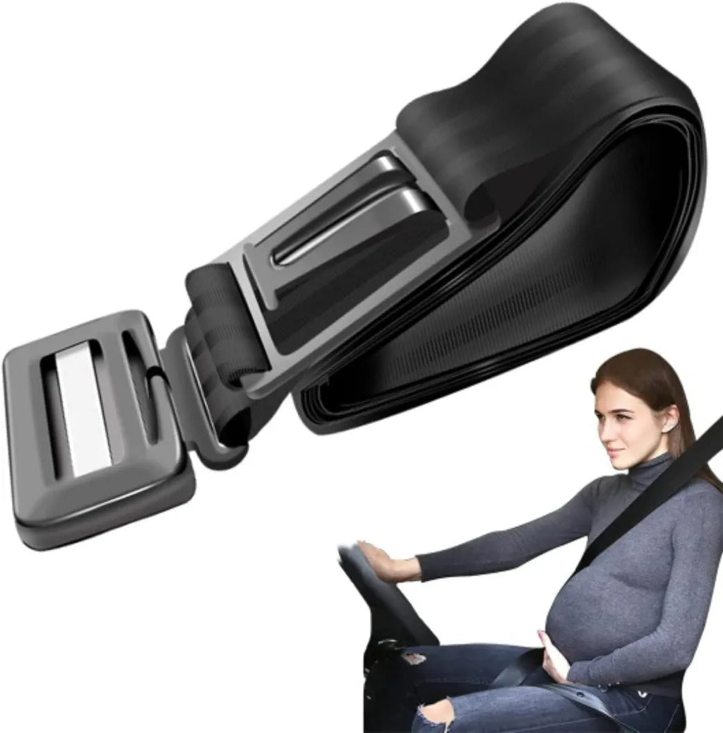 A beige press buckle maternal car seat belt support wrapped around a grey car seat.