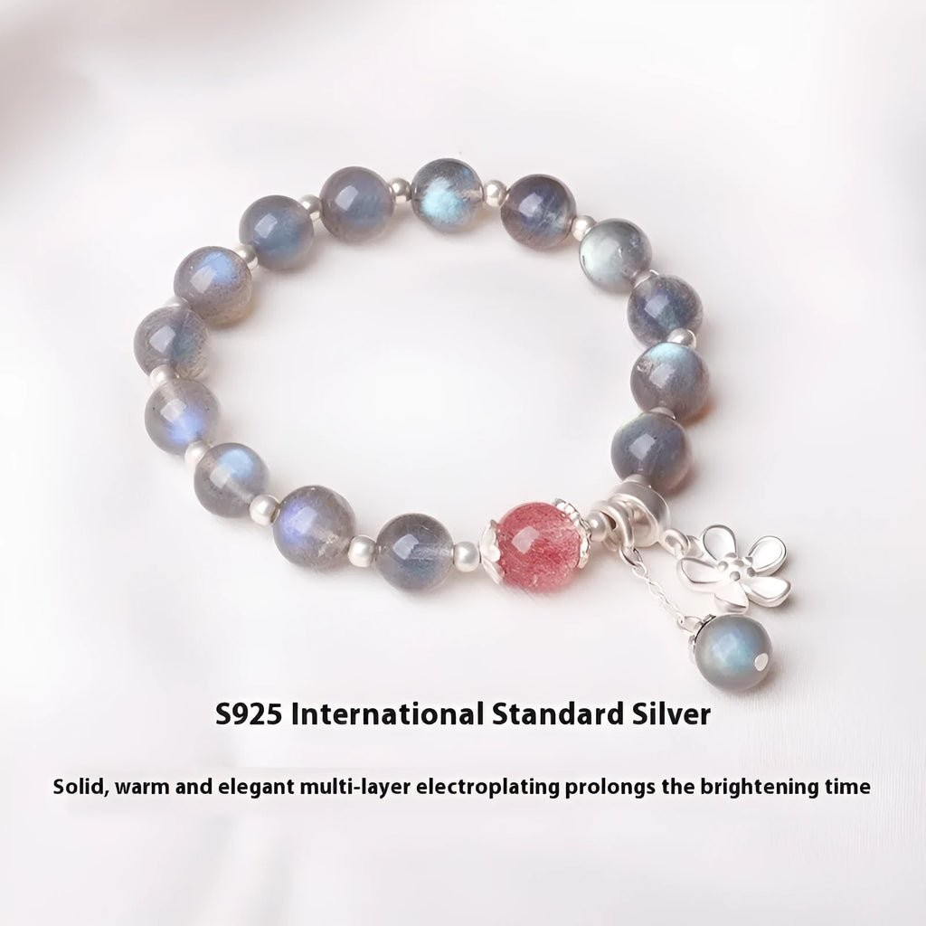 Grey moonlight gemstone women's bracelet with 7.5mm beads and a sterling silver honeysuckle charm.