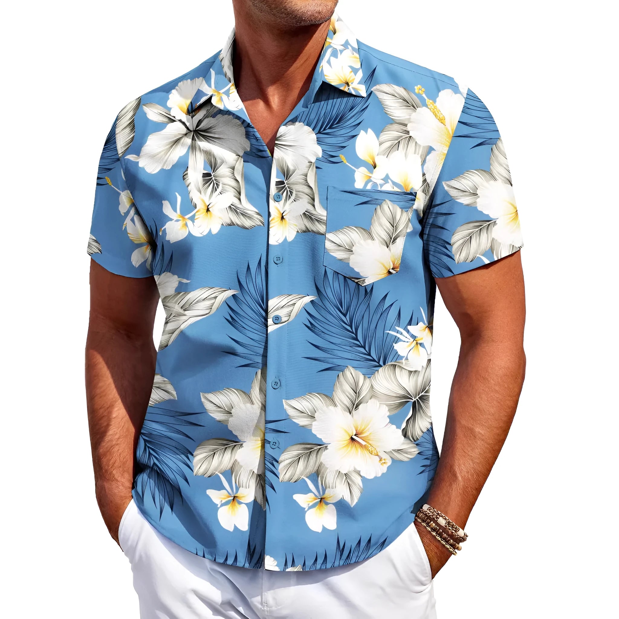 Men's slim fit Hawaiian-inspired cardigan shirt in elastic polyester fabric