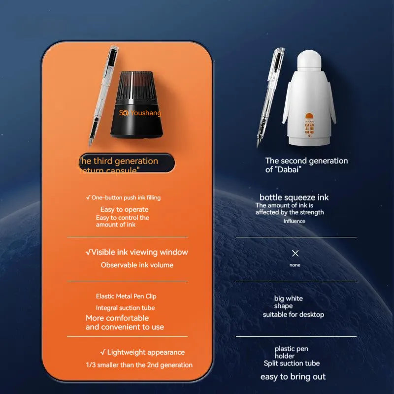 Automatic suction pen set with plastic pen, 40ml ink reservoir, and handbag for student writing
