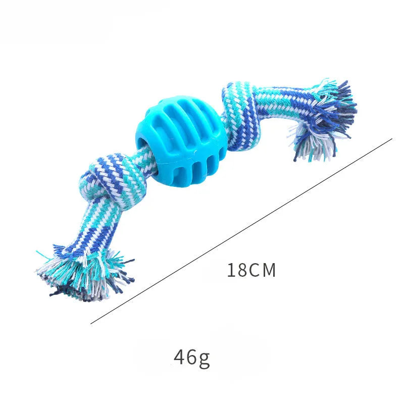 Blue dog chew toy with ropes and textured molar design for teeth cleaning