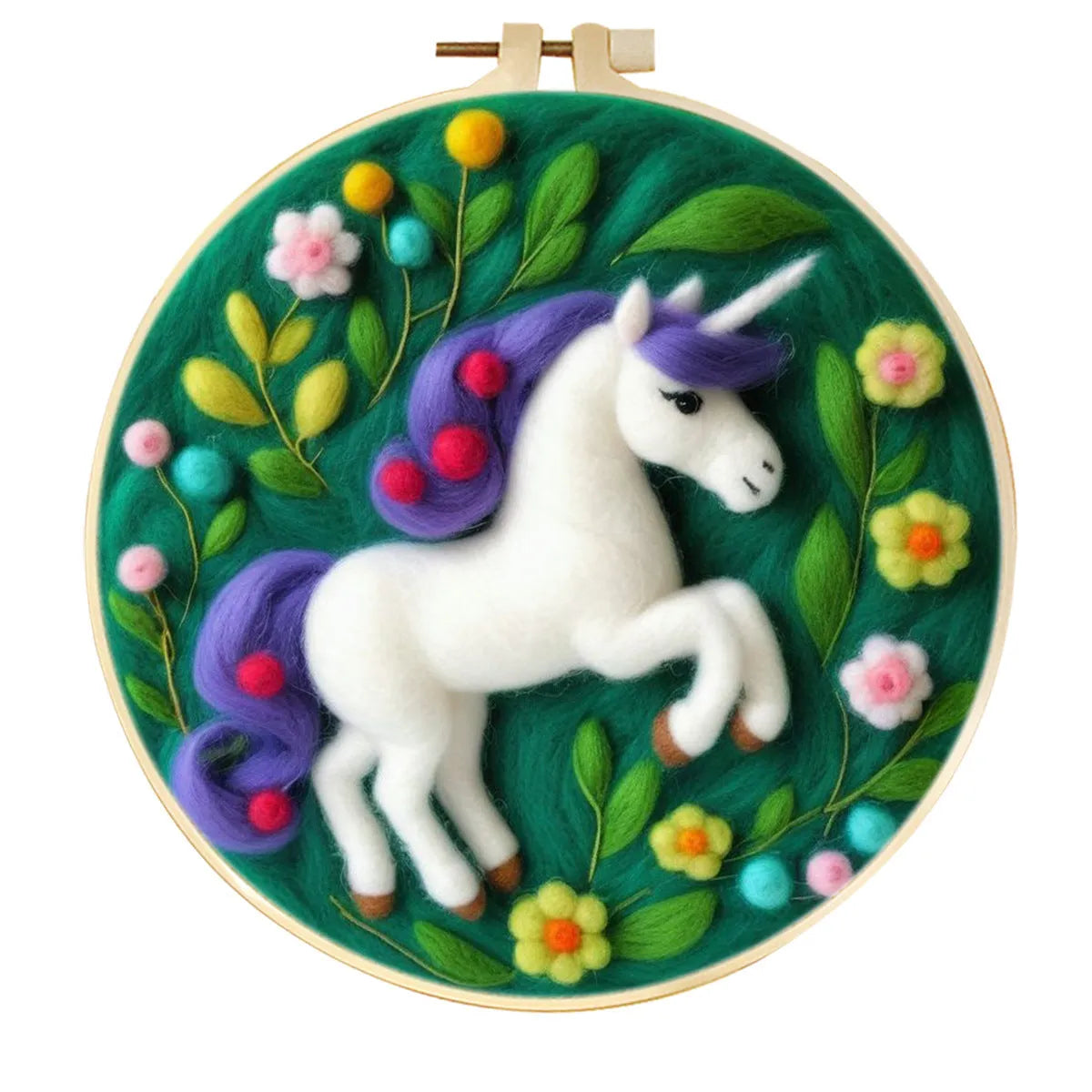 Round linen embroidery kit with wool felt pieces for 3D flowers and leaves, includes a free frame.