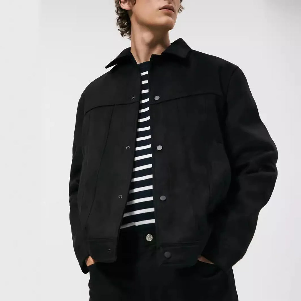 Black men's hooded jacket with suede collar and straight hem design