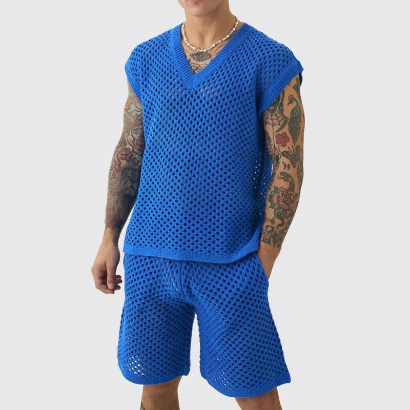Men's blue knitted V-neck vest and matching shorts laid flat as a summer sports suit.