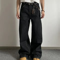 Black retro-style loose wide-leg straight-leg jeans on a hanger.