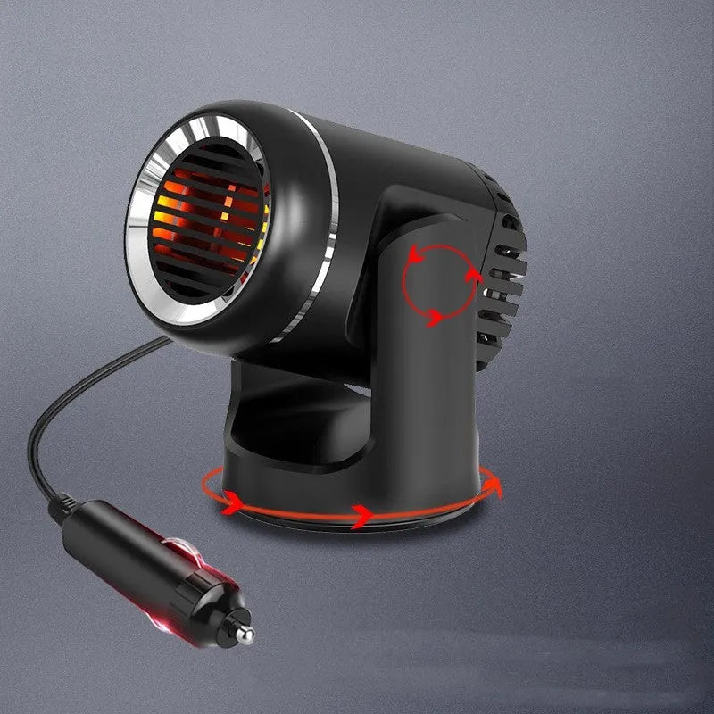 Black and white 12v car heater defroster with cold warm settings and 1.5m power cord