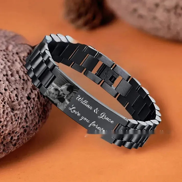 Titanium steel men's bracelet with curved heart-shaped lettering piece in gift box