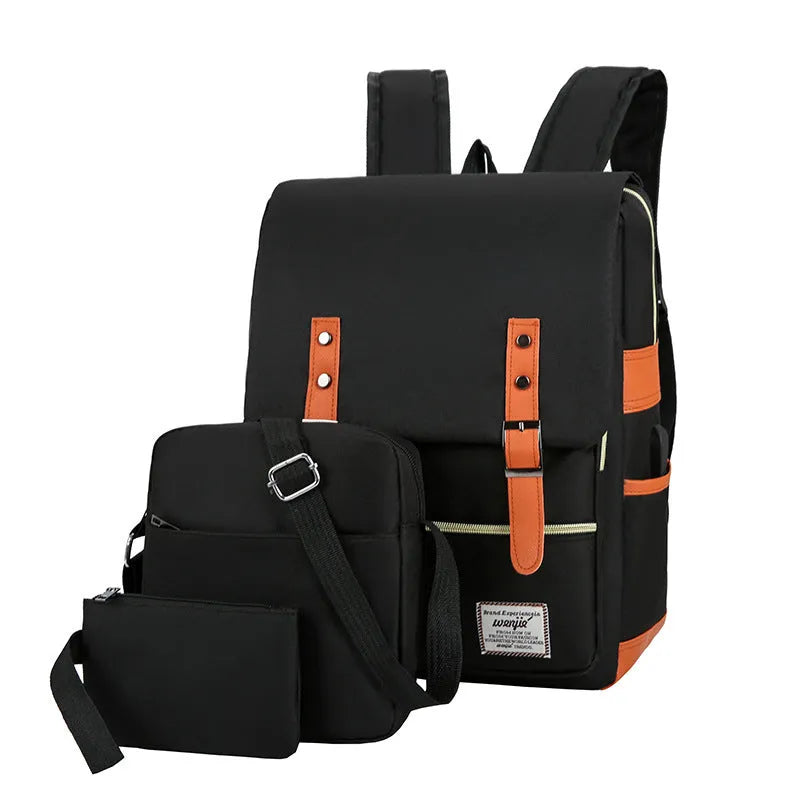 Three-piece business backpack in wine red with curved shoulder straps and multiple compartments