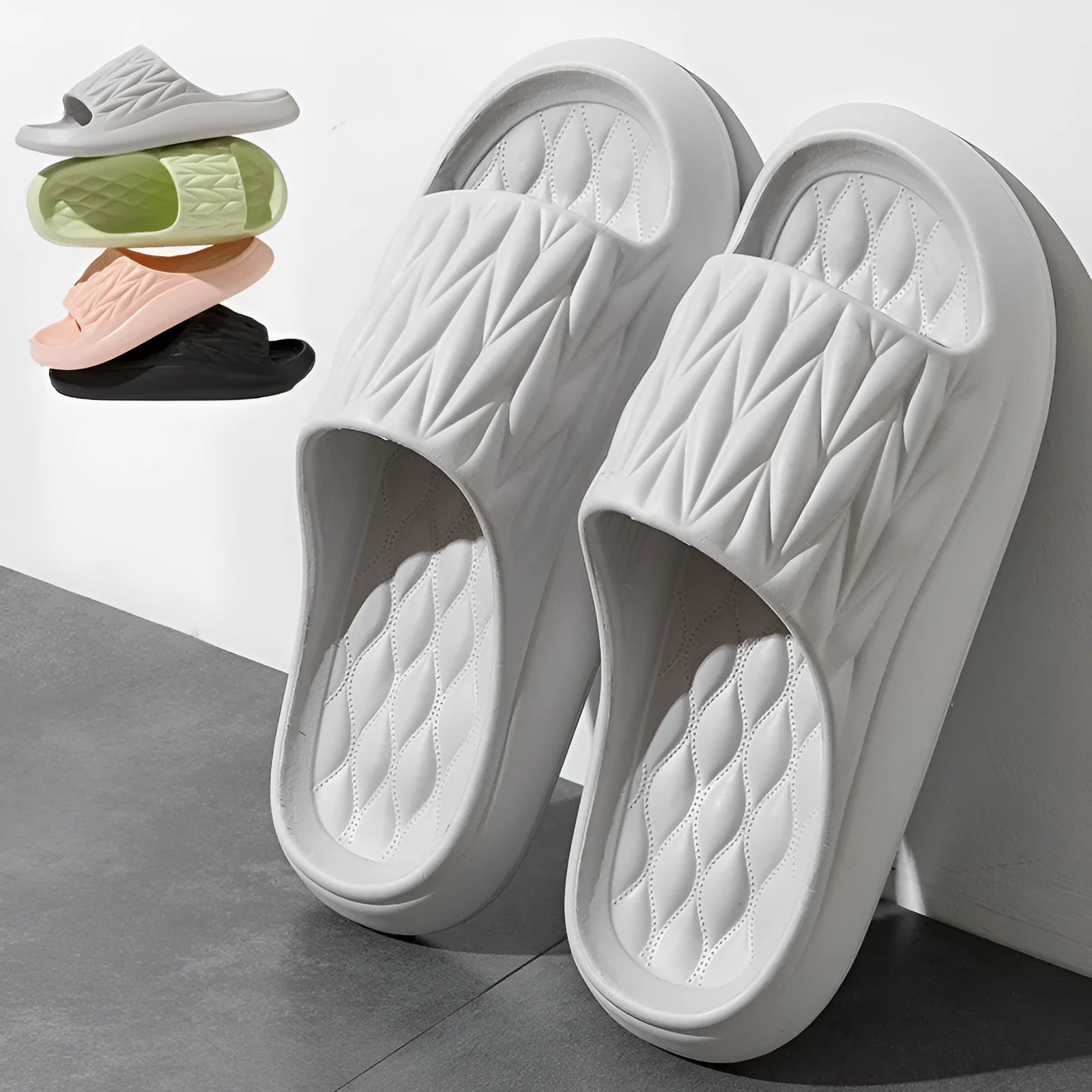 Leaf texture pattern EVA slippers for indoor household wear in black, green, grey, pink or white
