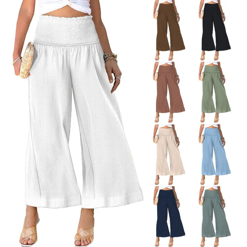 Women's high waist cotton blend trousers in cropped straight-leg style with pleating detail