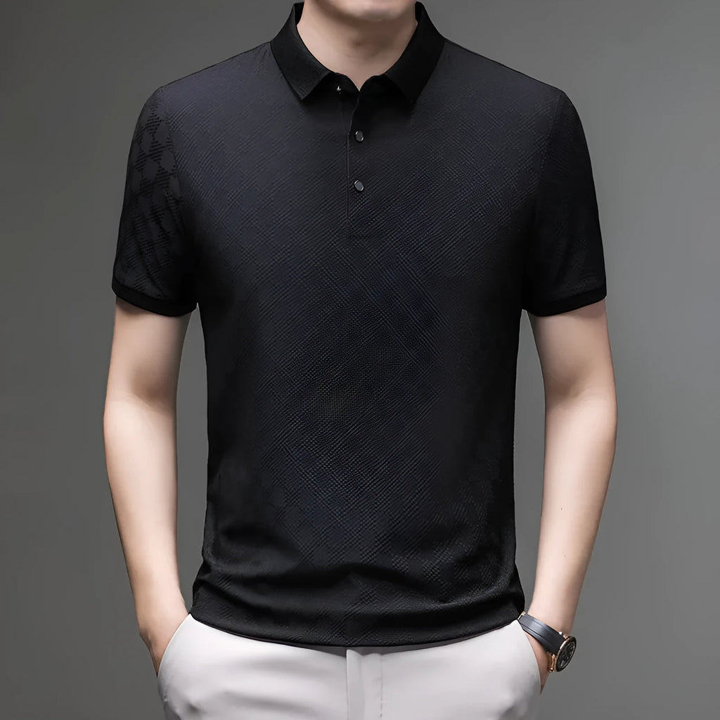 Rhombus brand thin ice silk short sleeve t-shirt in black with a slit style detail on the front.