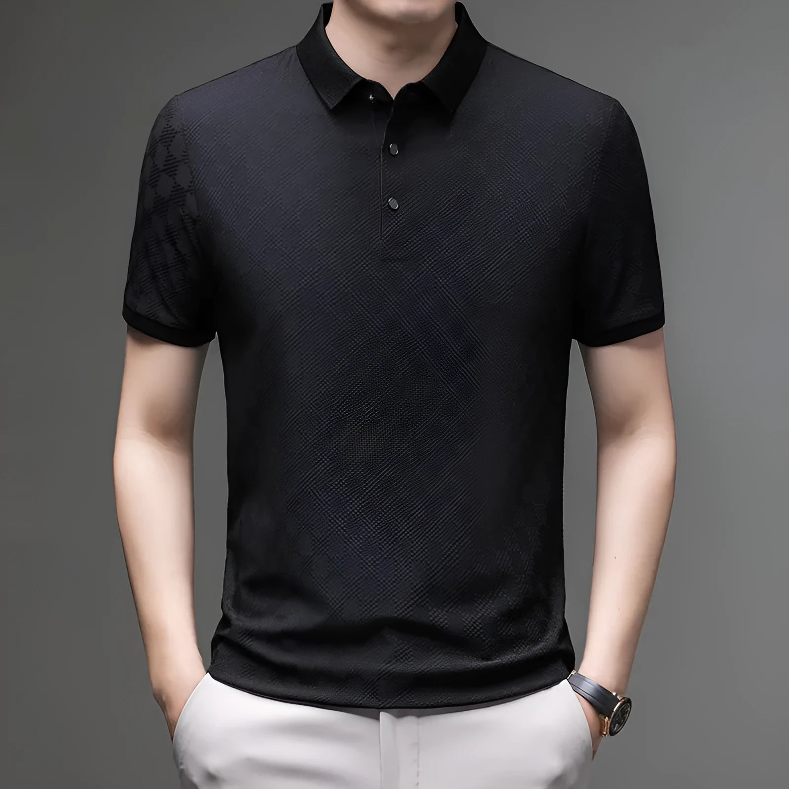 Rhombus brand thin ice silk short sleeve t-shirt in black with a slit style detail on the front.