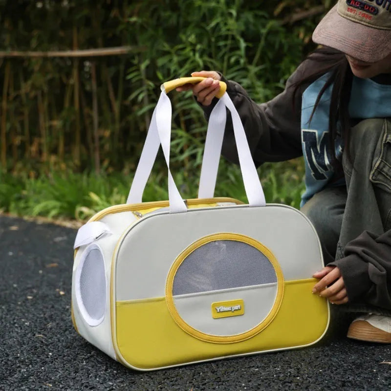 Outdoor portable foldable cat backpack in Oxford cloth with breathable mesh, showing colour options