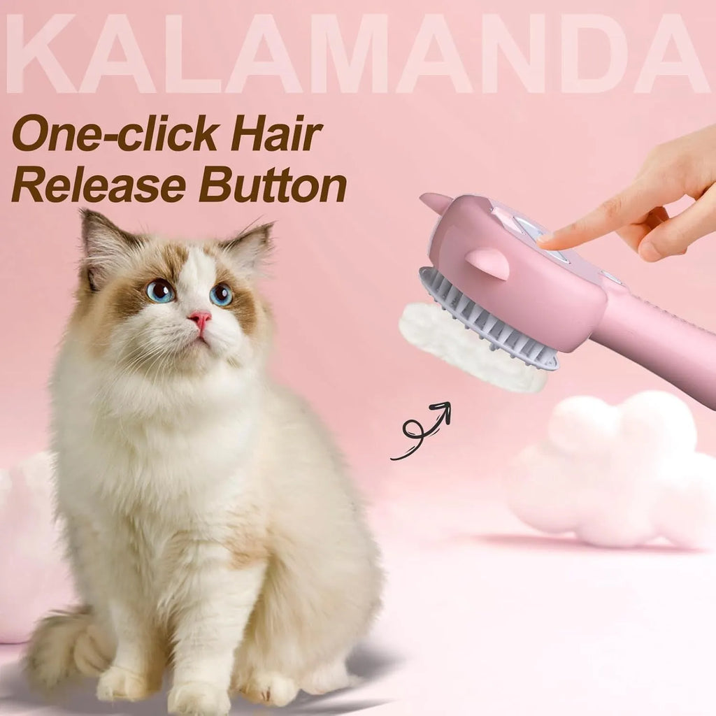 Blue 4-in-1 cat steam brush with ergonomic handle and soft rubber bristles for pet grooming