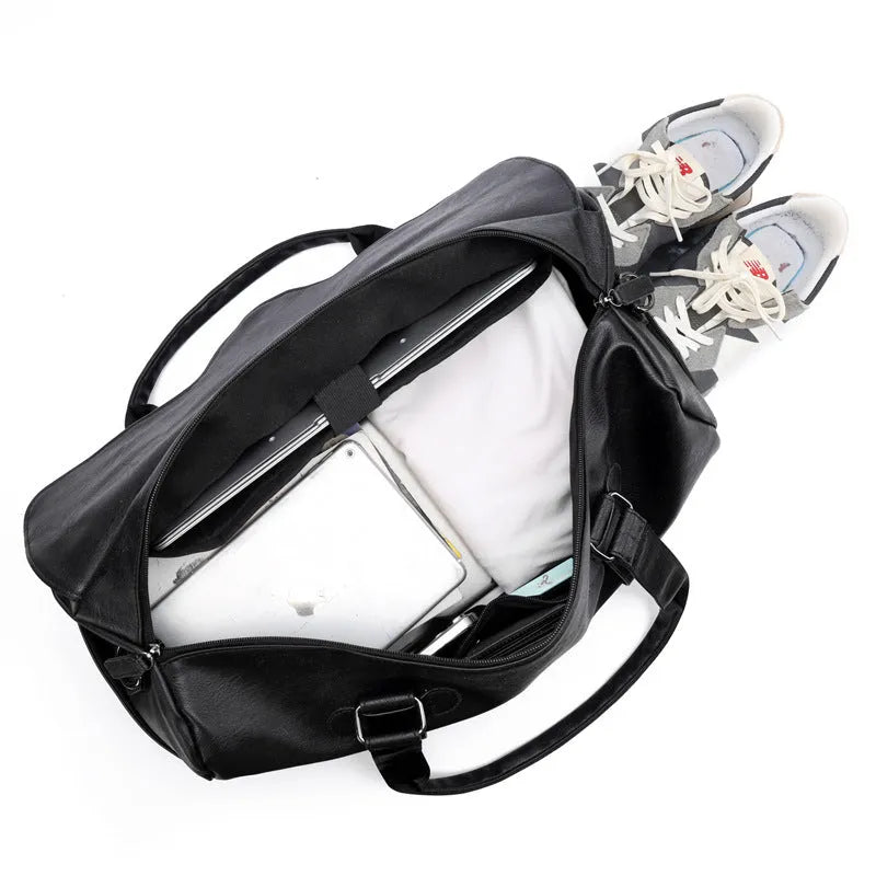 Black PU men's travel bag with large capacity, waterproof and wear-resistant, 52x27x27cm