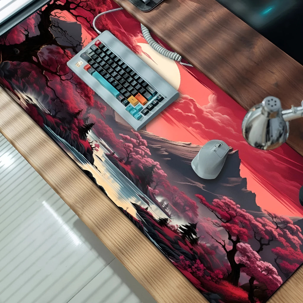 Anime-themed gaming mouse pad on a desk with non-slip rubber cloth base.