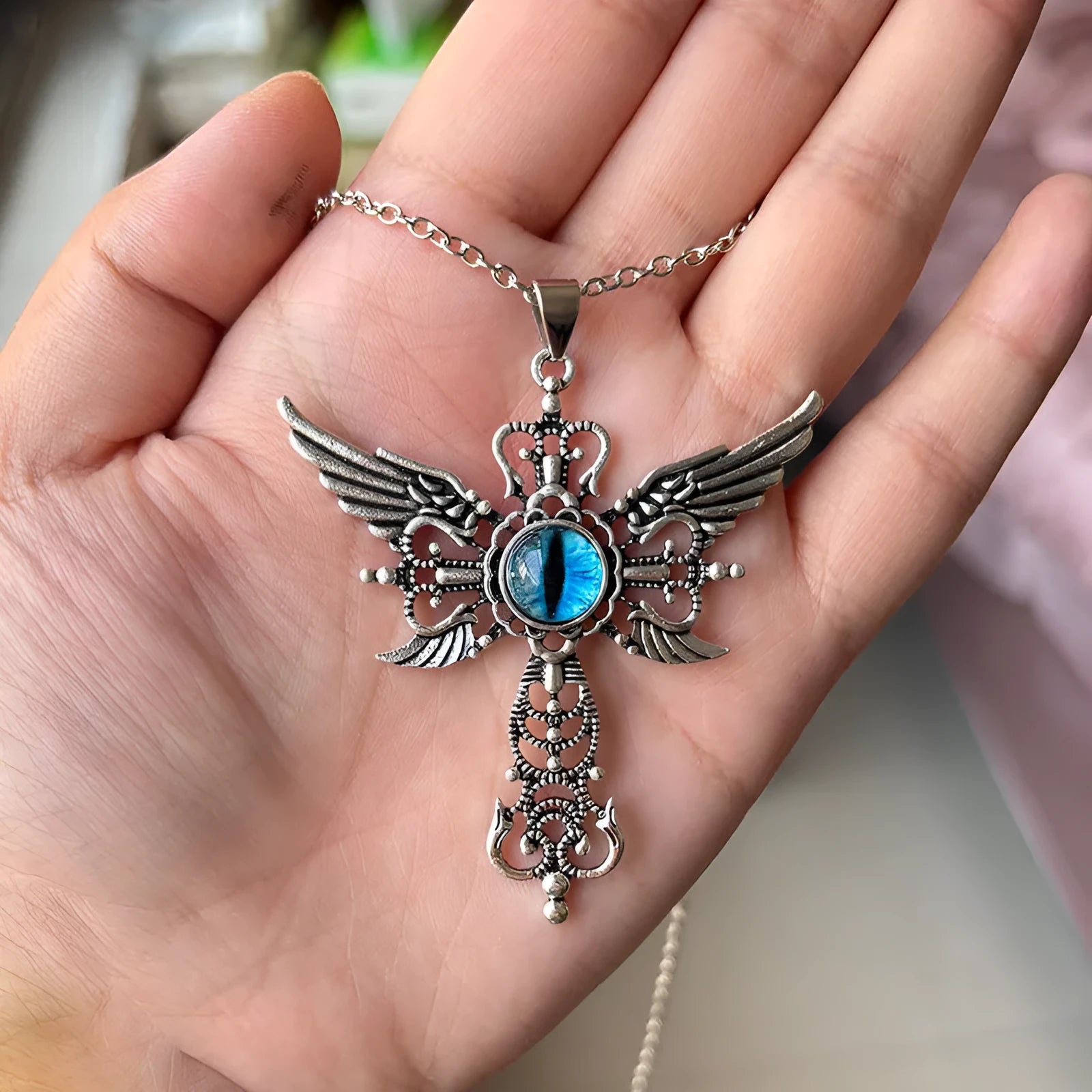 Geometric devil wings cross pendant necklace in alloy with five colour options