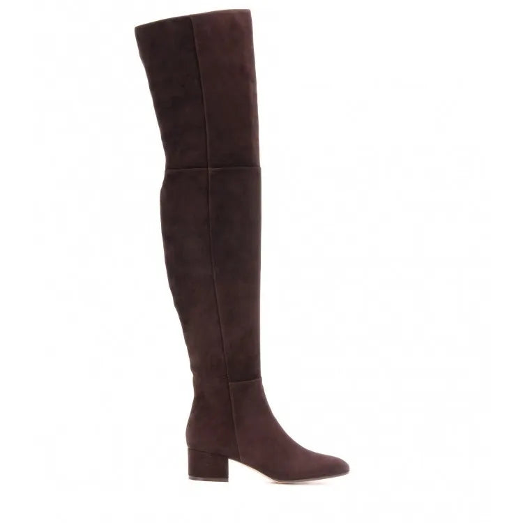 Grey suede women's over-the-knee boots with a pointed toe and flat low heel.