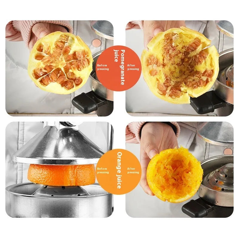 Manual citrus juicer with cast iron base and stainless steel strainer in black or white finish