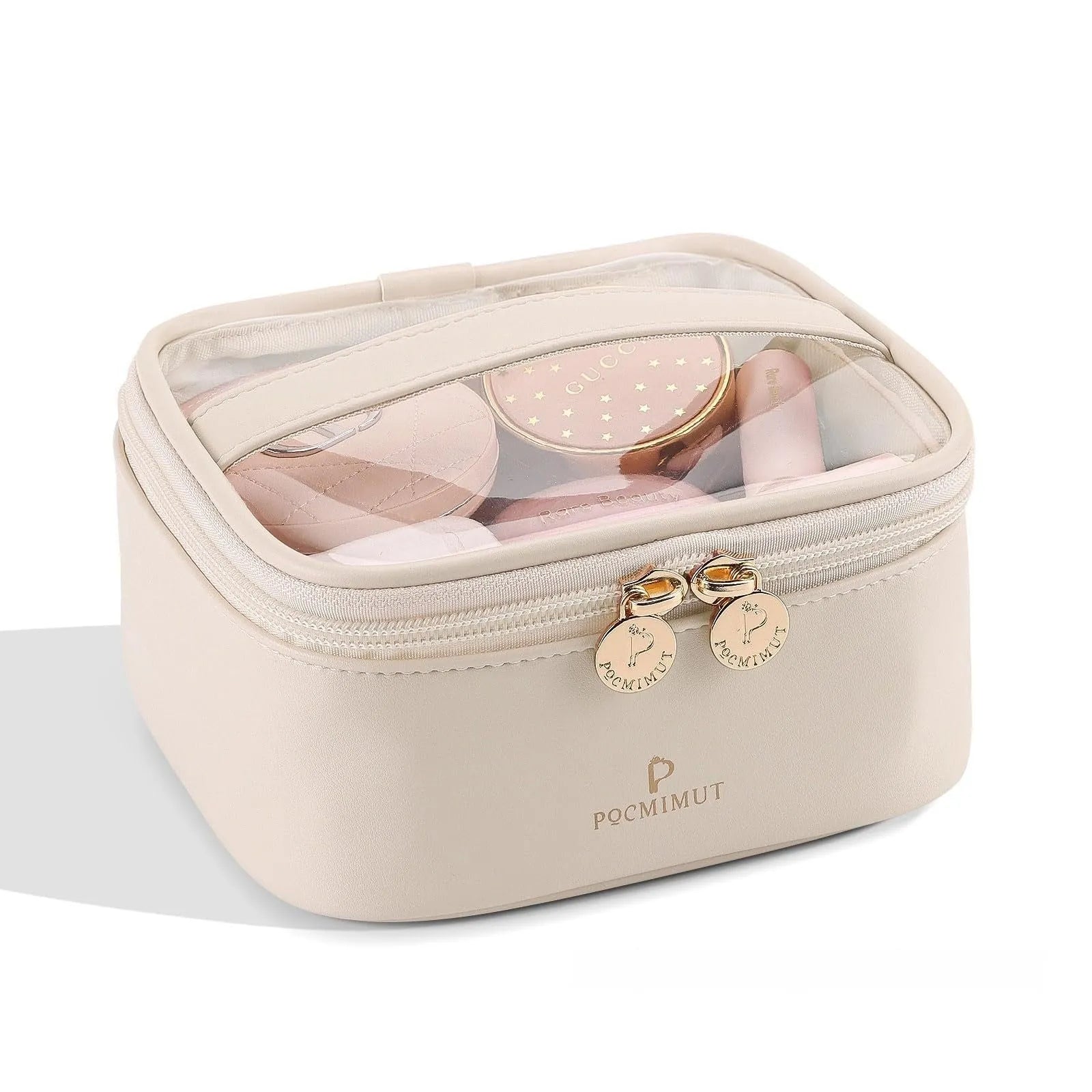 Transparent PVC leather cosmetic bag showing interior organisation and dry wet separation compartments.