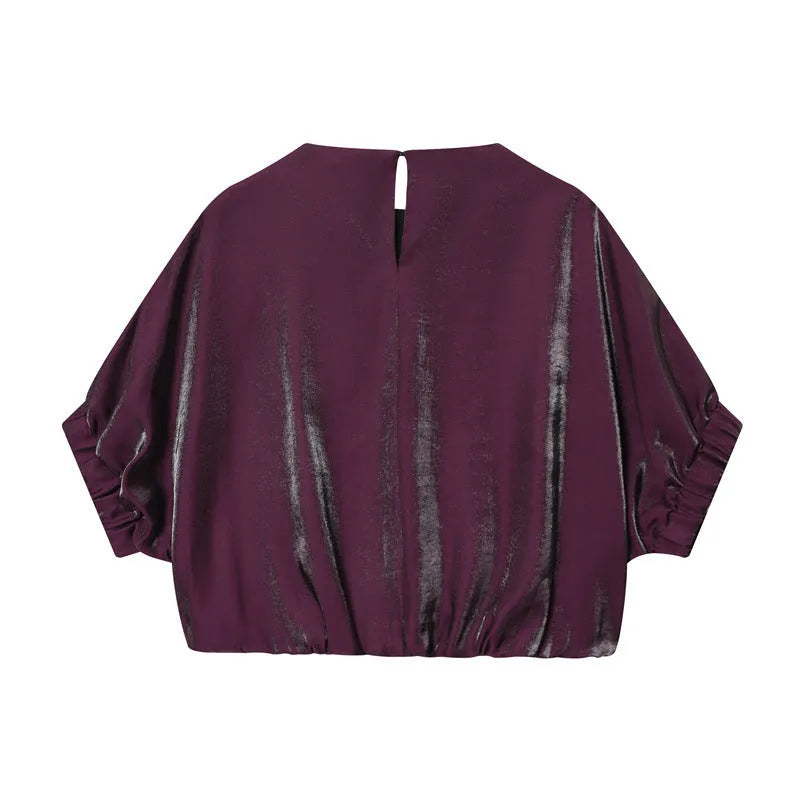 Women's balloon top with belt slacks suit in solid colour, blending polyester fabric