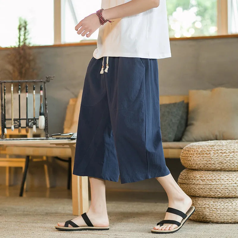Pair of straight-leg skinny fit shorts in linen-cotton blend fabric, shown in khaki colour