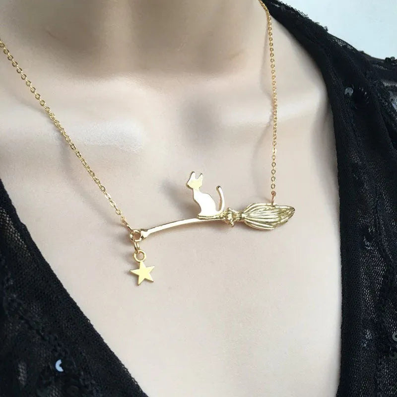 Black cat Halloween pendant necklace in alloy with zodiac styling and gold or silver finish options