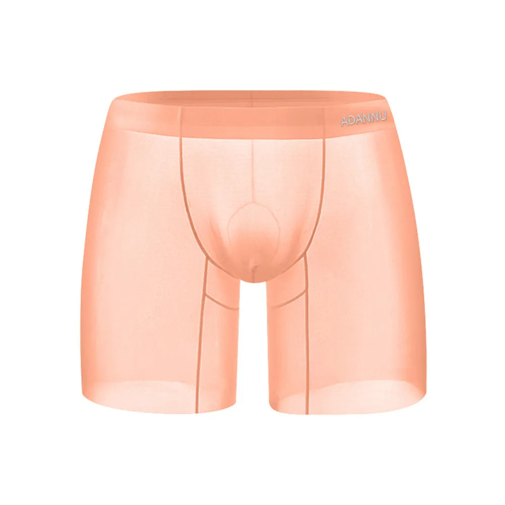 Men's seamless nylon boxer briefs in orange pink and red with U convex low waist design for sports and summer