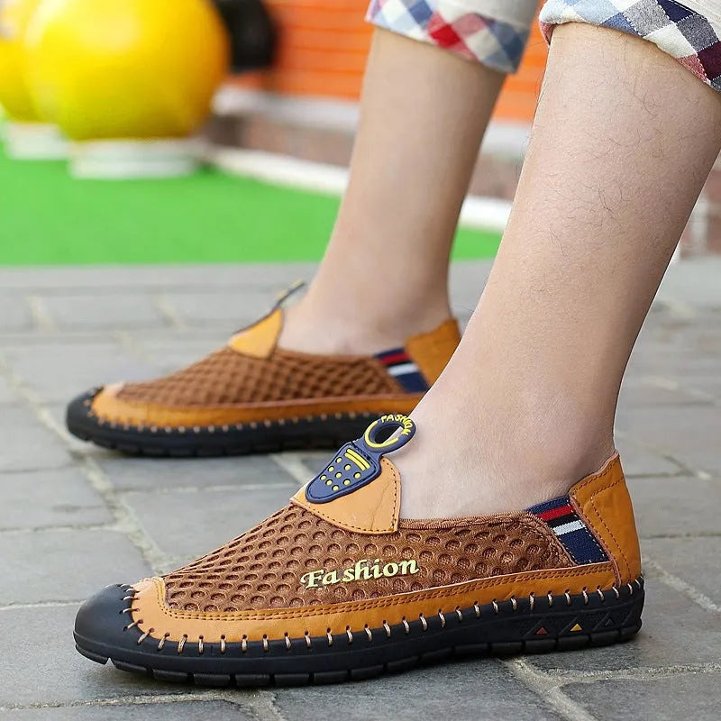 Men's brown breathable mesh casual shoes with round toe and non-slip rubber sole