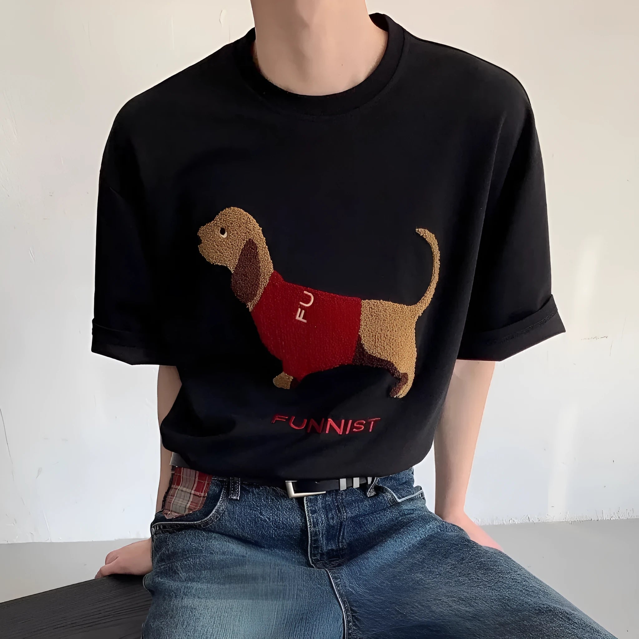 Men's grey cotton T-shirt with embroidered sausage dog design on front, round neck and short sleeves