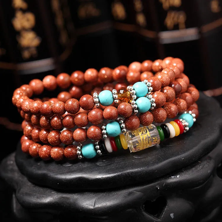 Golden star stone nugget sand mantra bracelet with fu character element