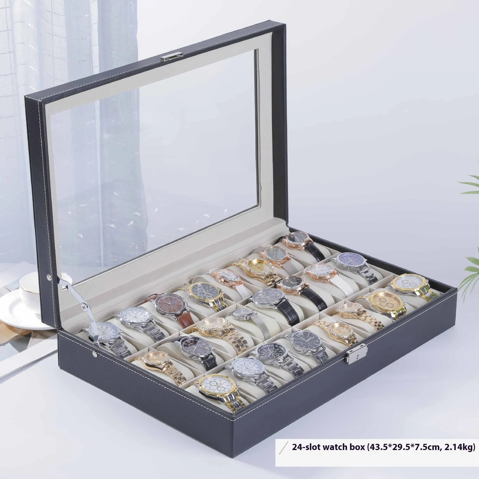 Grey high-grade leather watch storage box with a dustproof transparent lid, shown in a multi-capacity display.