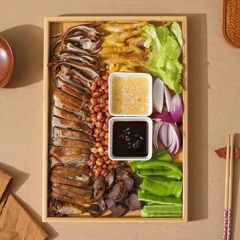 Square bamboo barbecue serving tray with brown handle in solid colour