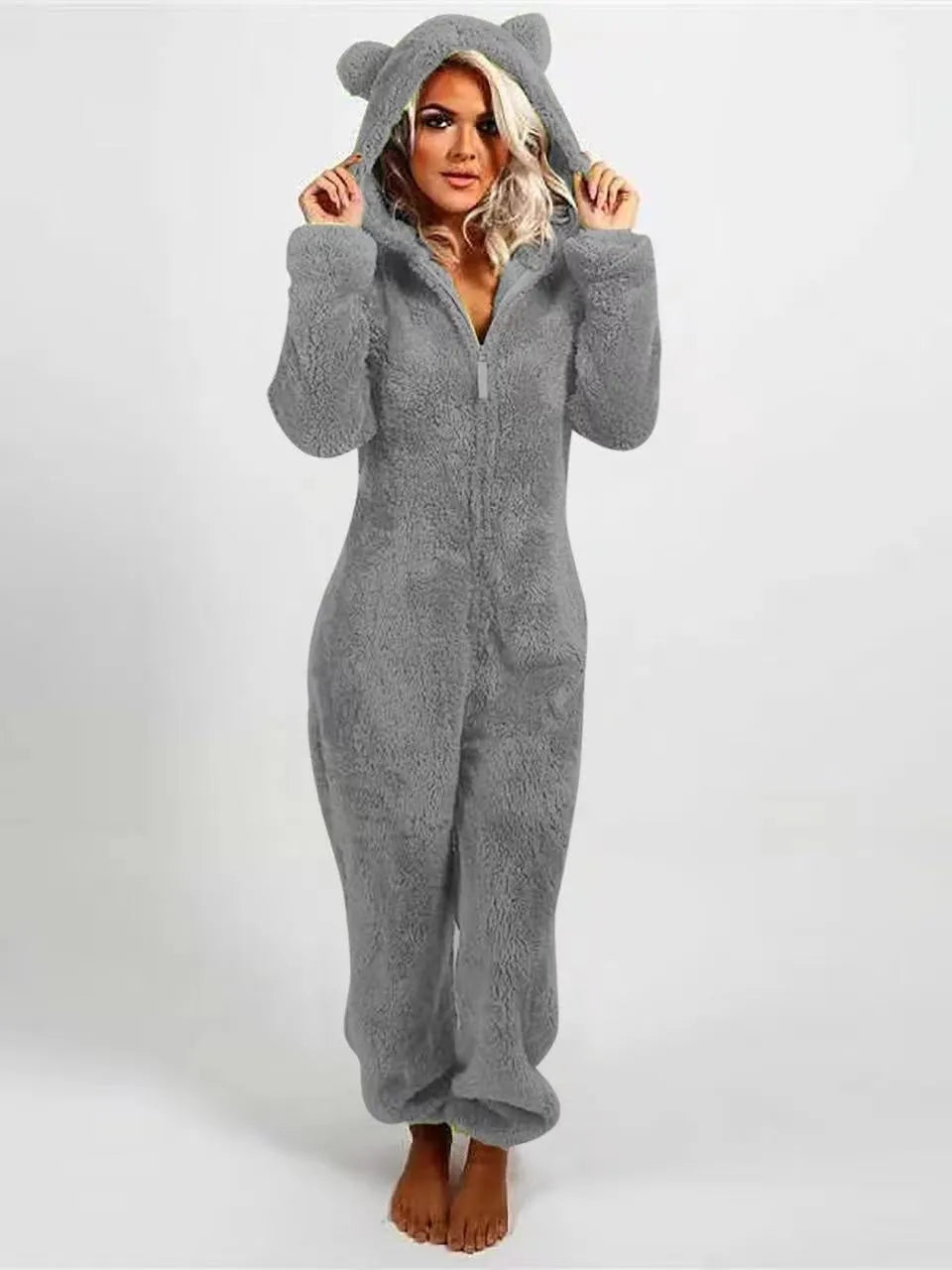 Fleece-lined thickened furry hooded jumpsuit pajamas with zipper in a colour option