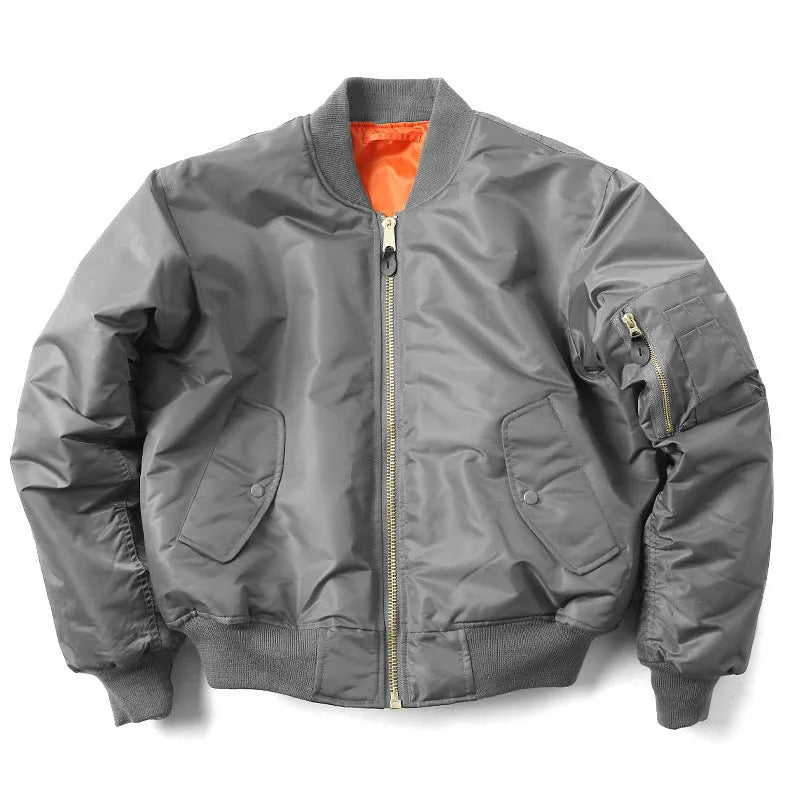 Men's loose fit cotton-padded nylon pilot jacket in army green on a hanger.
