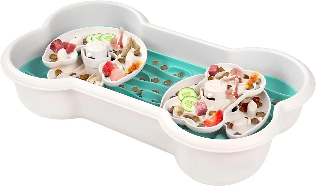 Large green slow feeder dog bowl with three-tier maze design and anti-slip suction cups