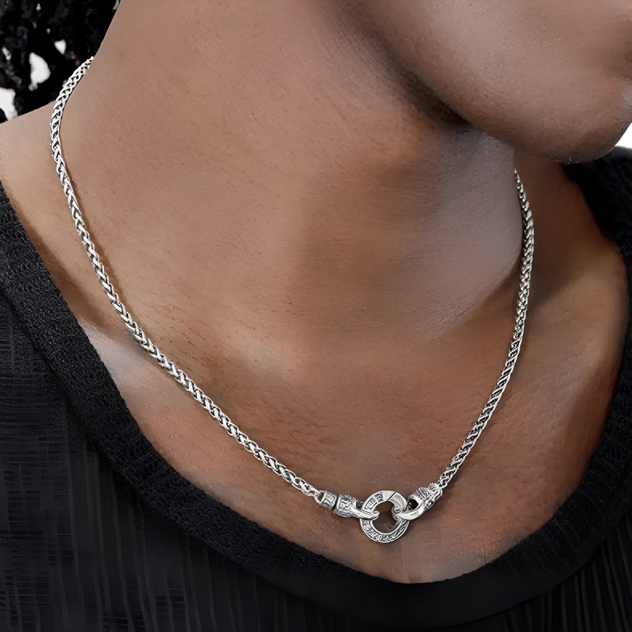 Silver 925 sterling silver clavicle necklace with pendant on a model.
