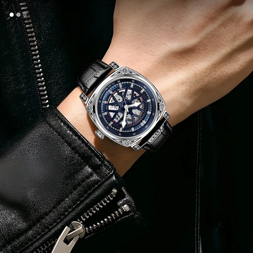 Automatic mechanical men's watch with stainless steel case and blue leather strap