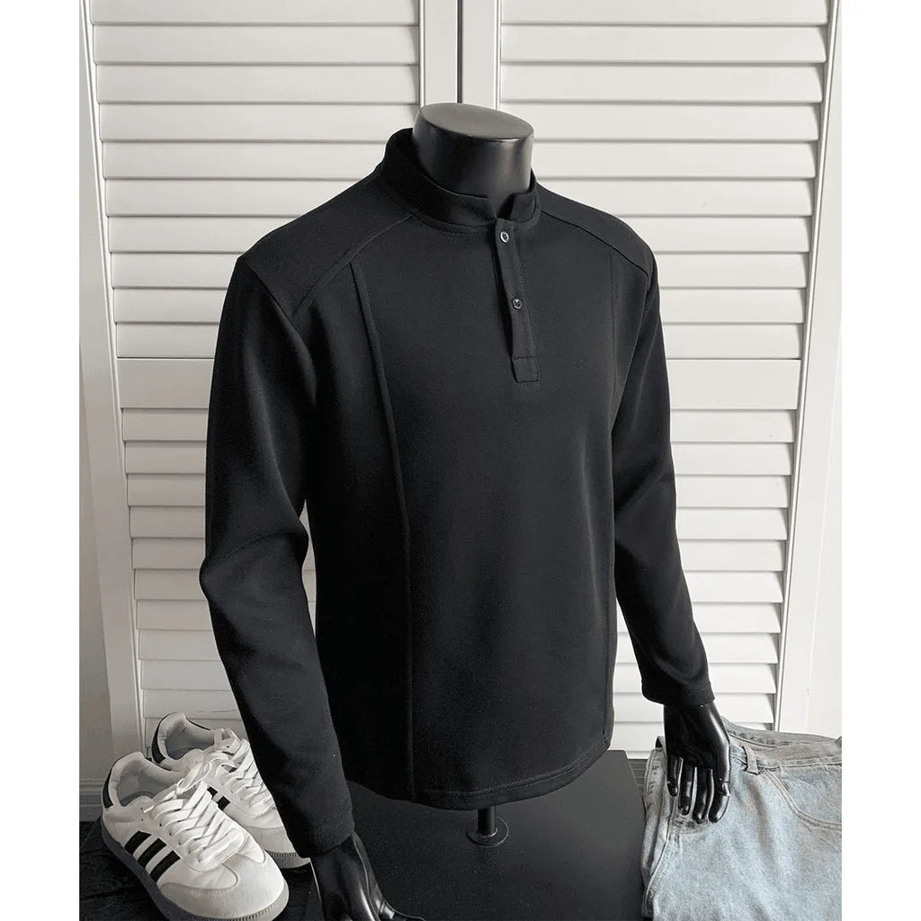 Men's polo shirt with stand-up collar and patchwork shoulder detailing in Chinese cotton fabric