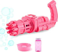 Kids handheld bubble machine gun toy in pink, gold, or black colours with removable bubble head.